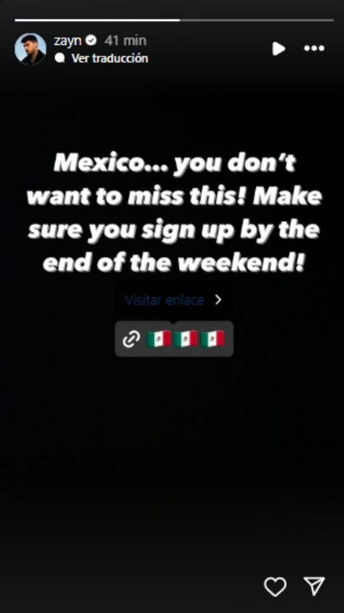 Zayn Malik menciona a México en su historia y desata rumores de concierto en 2025. / Captura de pantalla: ig @zayn