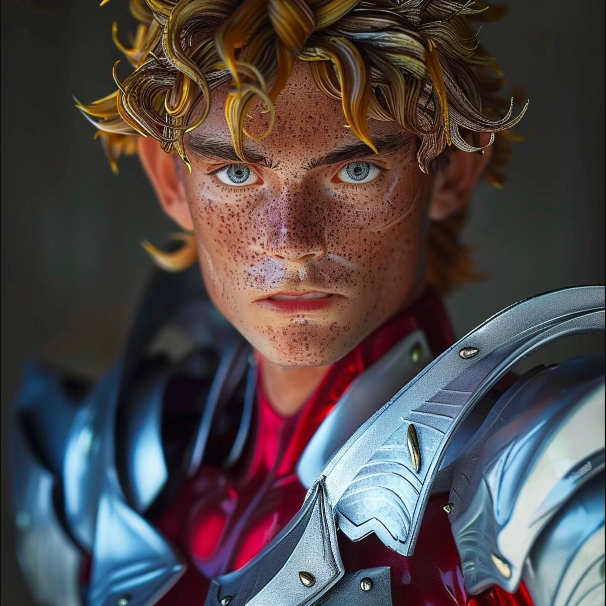 La IA da vida a Hagen con una armadura plateada y tela roja, fusionando poder y estilo en esta reinterpretación asombrosa.