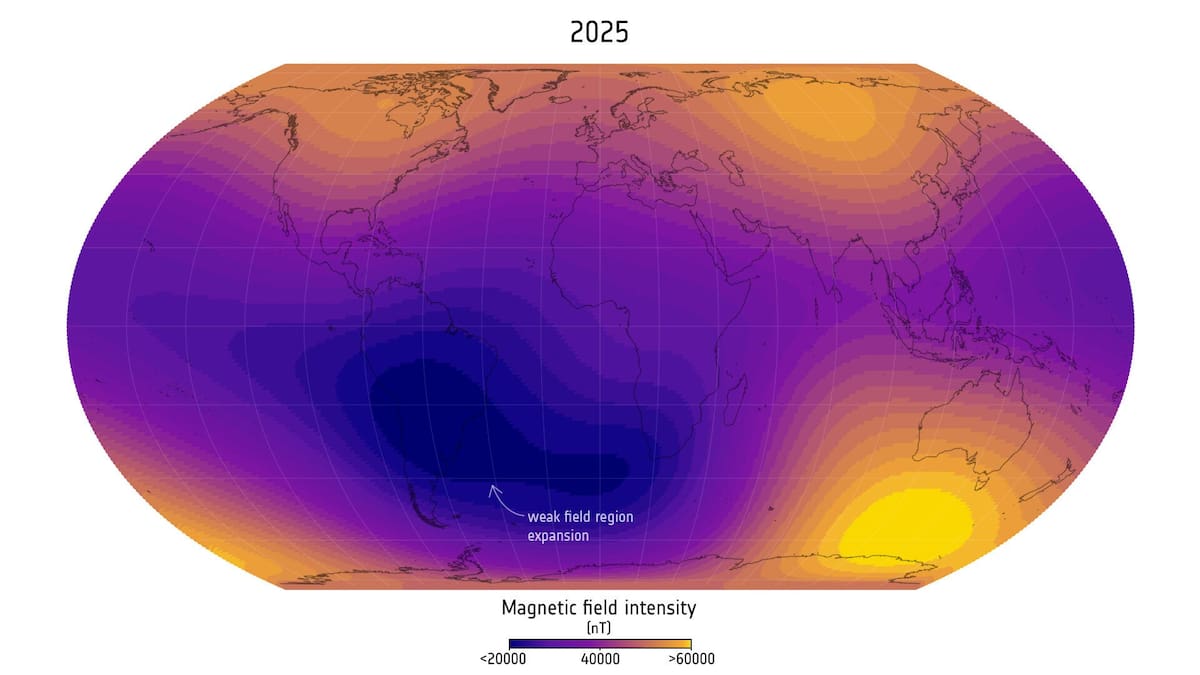 La situación actual de la anomalía magnética sobre Sudamérica y el sur de África. Foto: ESA.