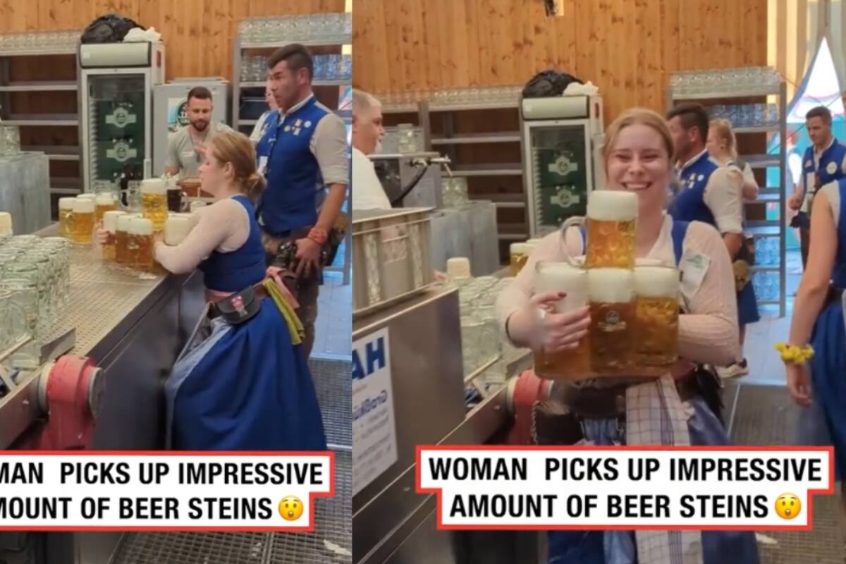 Una mesera se hace viral por su habilidad de cargar más de 8 tarros de cerveza al mismo tiempo para los comensales