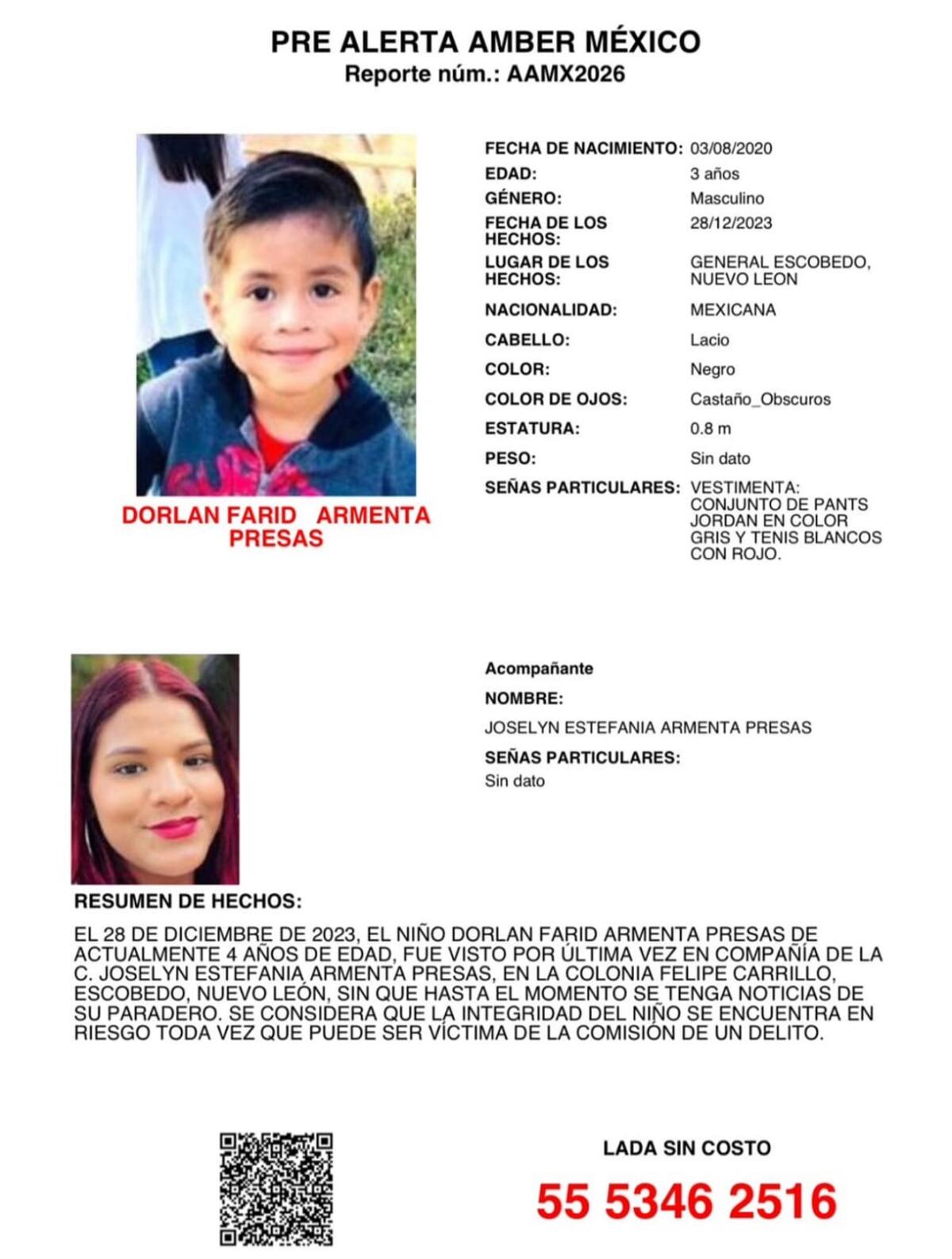 Alerta Amber de Dorlan Farid Armenta Presas, de 4 años.