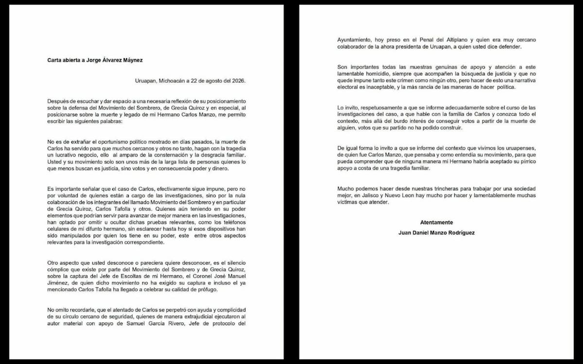 Juan Manzo acusa a Álvarez Máynez de usar la muerte de Carlos Manzo con fines electorales