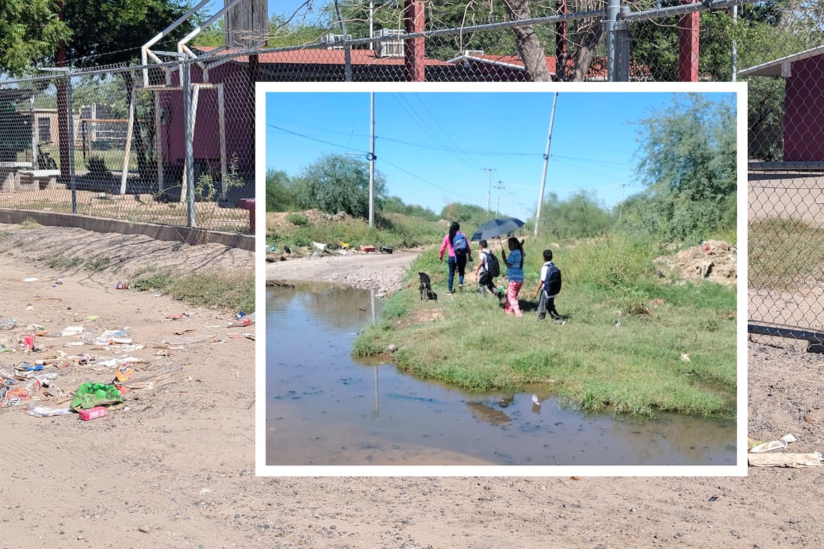 Entre lodo, basura y aguas negras, niños improvisan puente con llantas para ir a la escuela en el ejido El Buey de Hermosillo