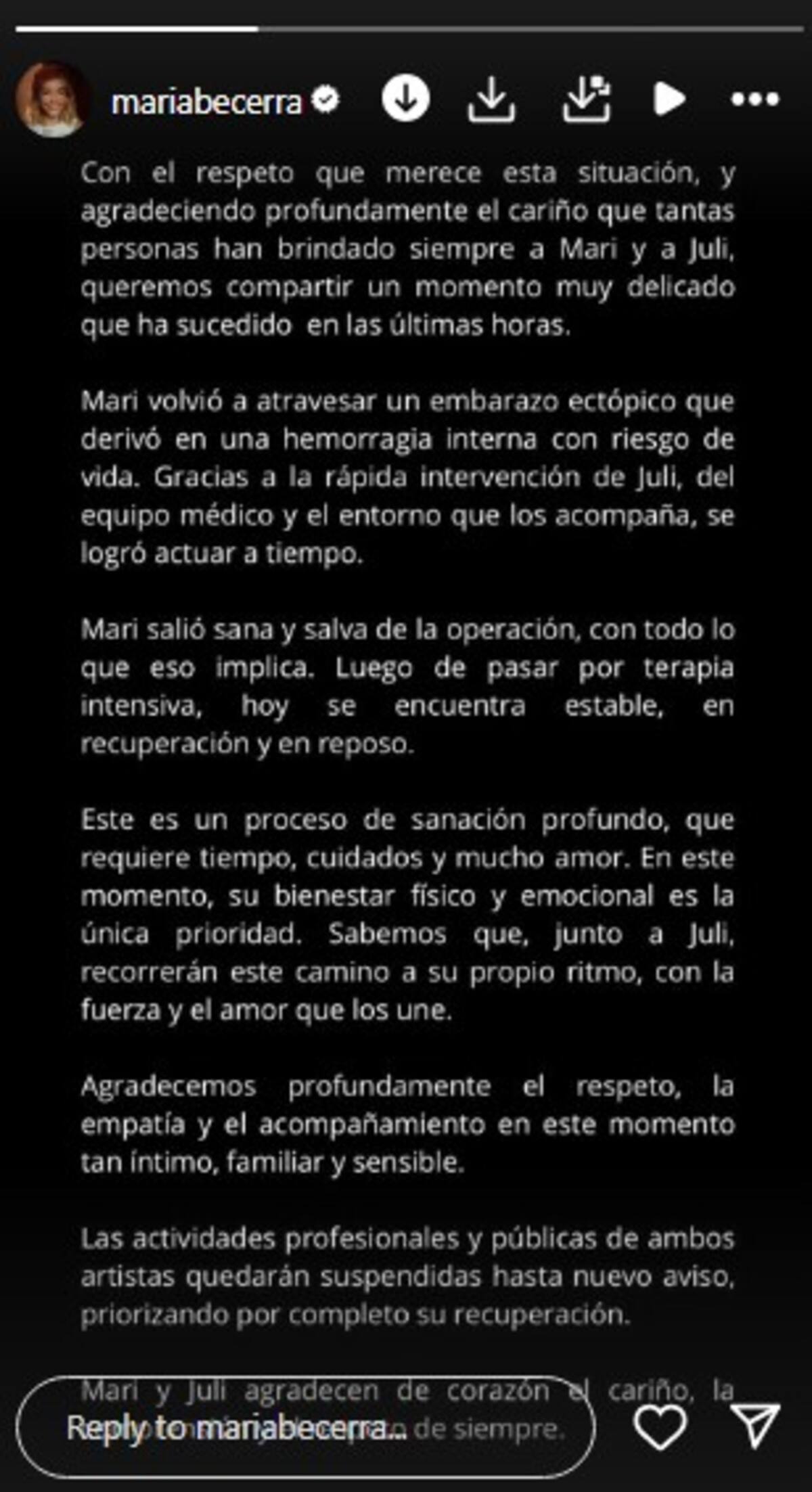 Comunicado oficial del equipo de María Becerra / Instagram @mariabecerra