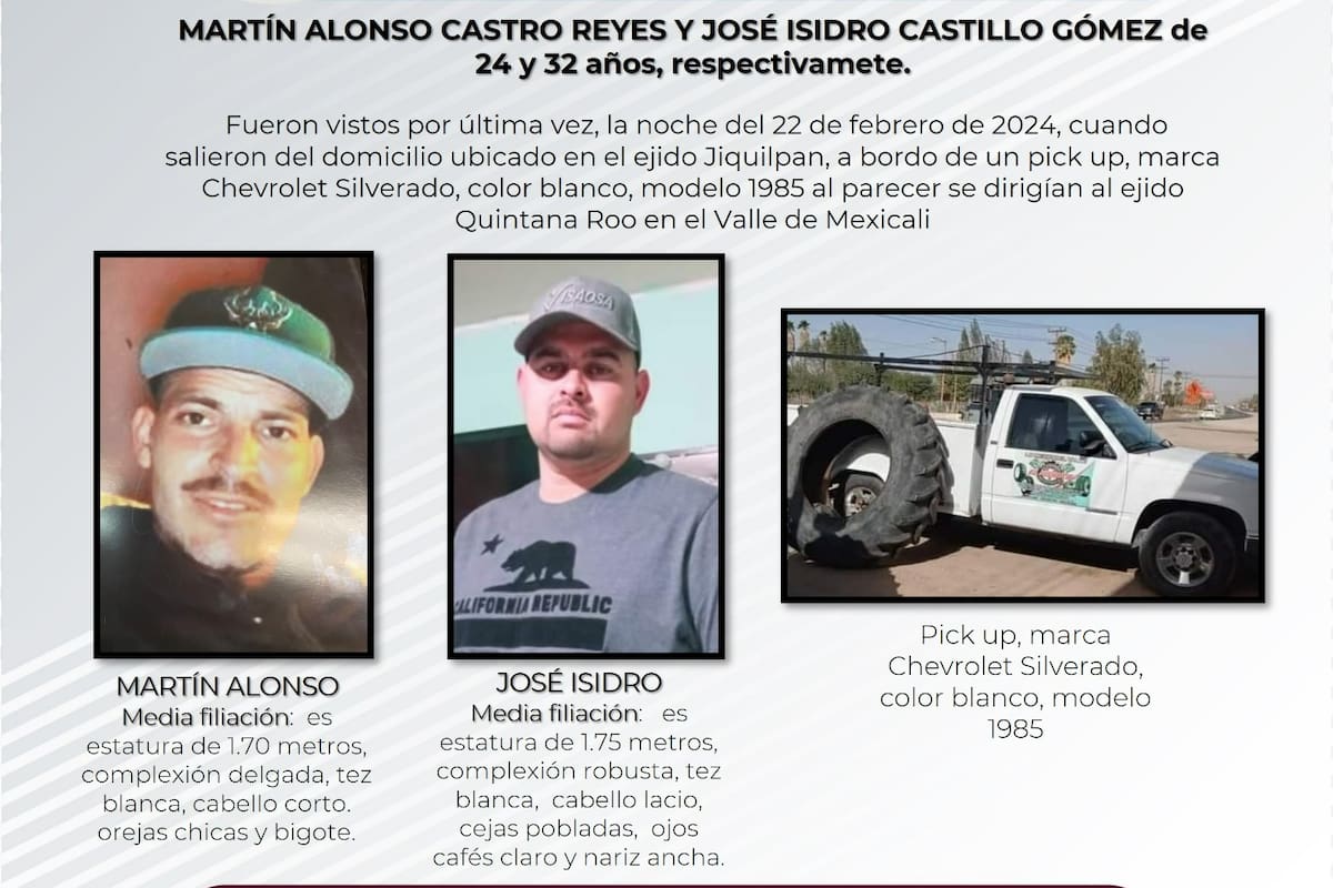 Piden ayuda para encontrar a Martín Alonso Castro Reyes y José Isidro Castillo Gómez