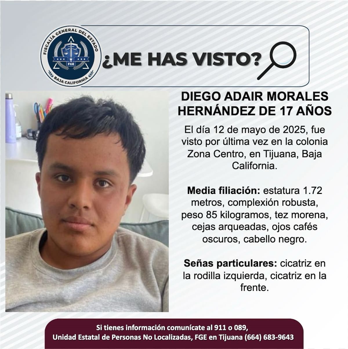 Diego Adair Morales Hernández fue visto por última vez el 12 de mayo de 2025.