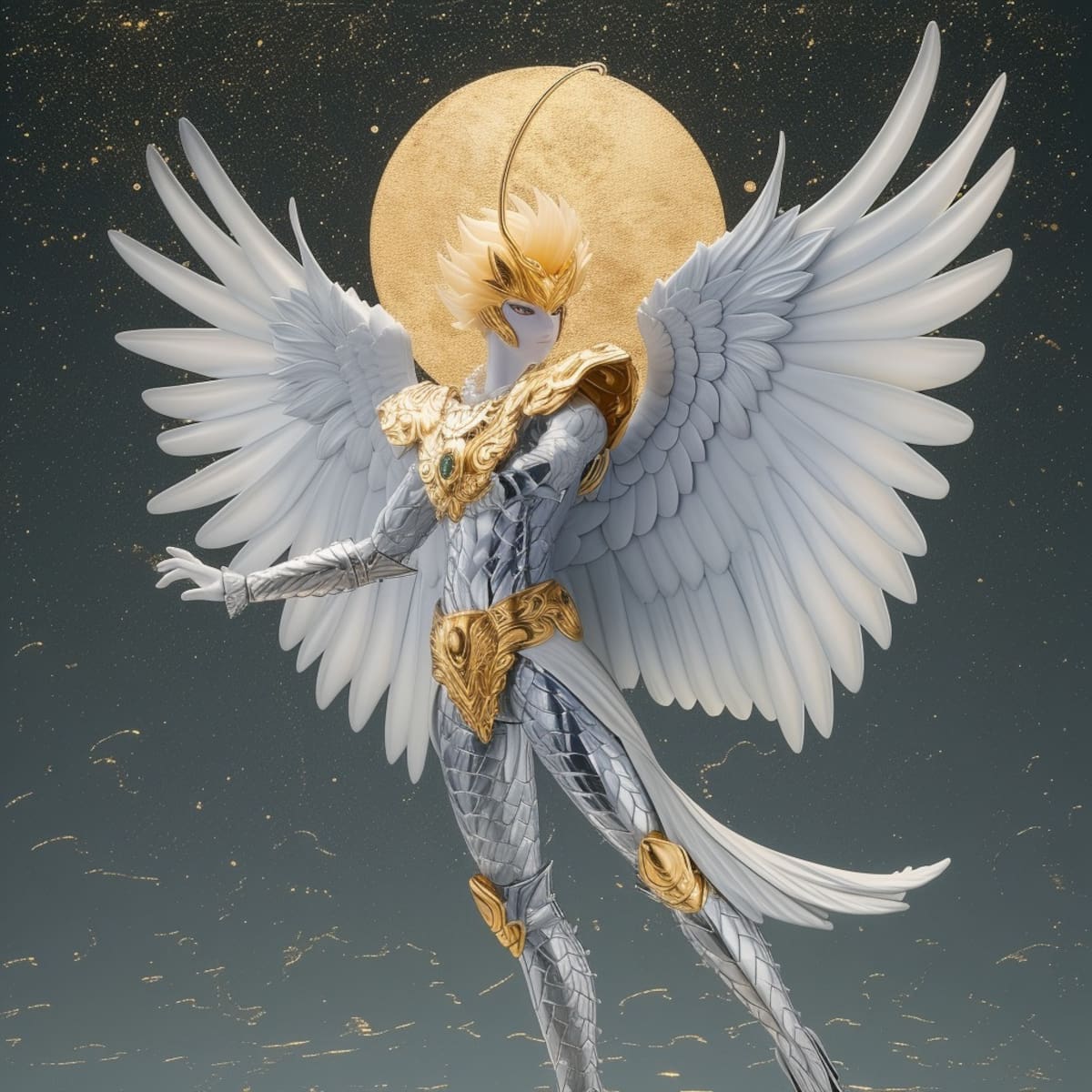 La visión imponente de Hyōga de Cygnus, recreada por la IA de Midjourney, lo presenta enfundado en un escudo plateado que refleja su poder como Santo de Bronce del Cisne.