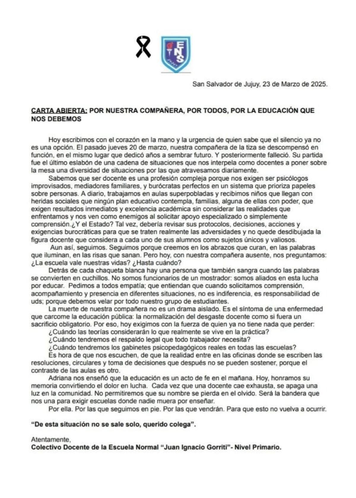 En una carta abierta, el Colectivo Docente de la misma escuela expresó su dolor y exigió cambios. Foto: Facebook