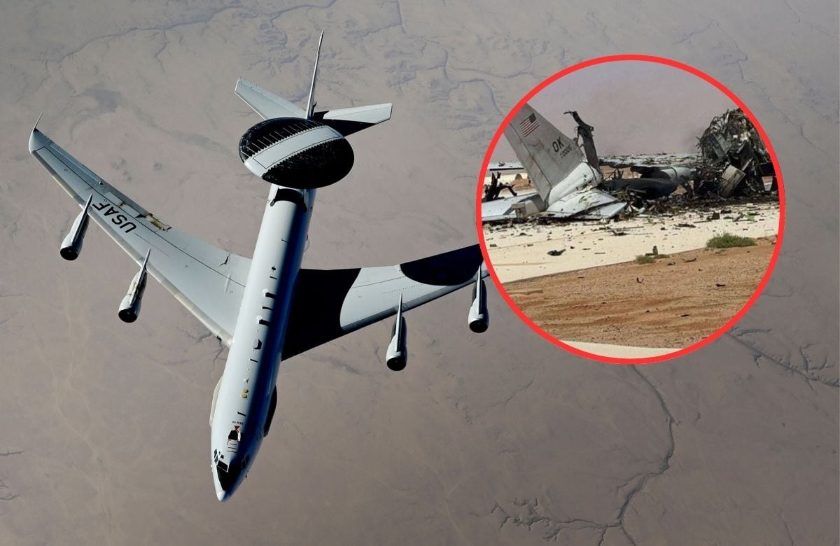 Un ataque atribuido a Irán contra una base aérea en Arabia Saudita habría destruido un avión militar de vigilancia de Estados Unidos. | Crédito: Department of War y captura en X