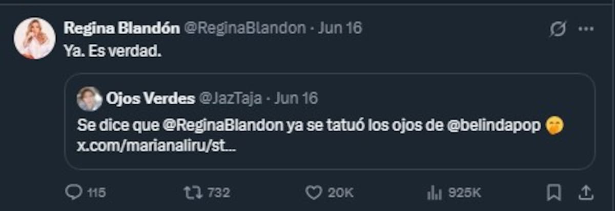 Regina Blandón bromea con tatuarse los ojos de Belinda / Cuenta de X: @ReginaBlandon