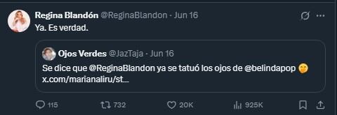 Regina Blandón bromea con tatuarse los ojos de Belinda / Cuenta de X: @ReginaBlandon