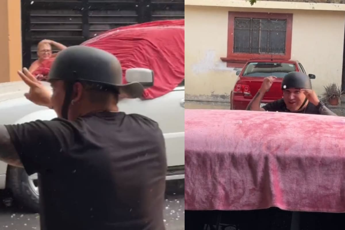 Hombre sale a la calle durante fuerte granizada y es impactado por un enorme pedazo de hielo en la cabeza