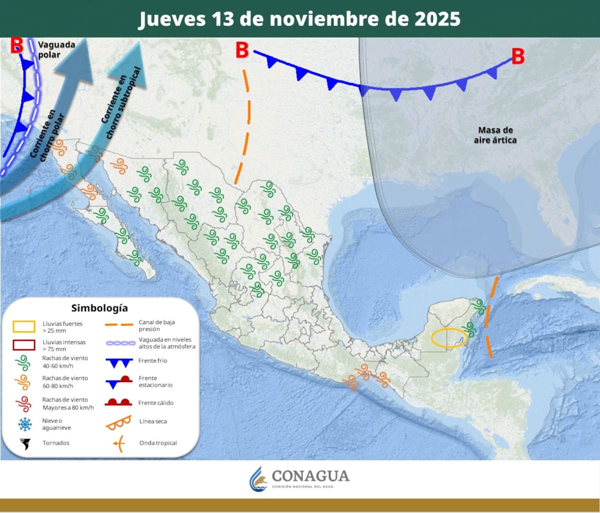 Pronóstico del clima para el jueves 13 de noviembre del 2025. | Crédito: SMN