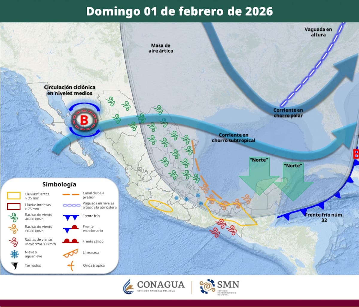 Pronóstico del clima para el domingo 1 de febrero del 2026. | Crédito: SMN
