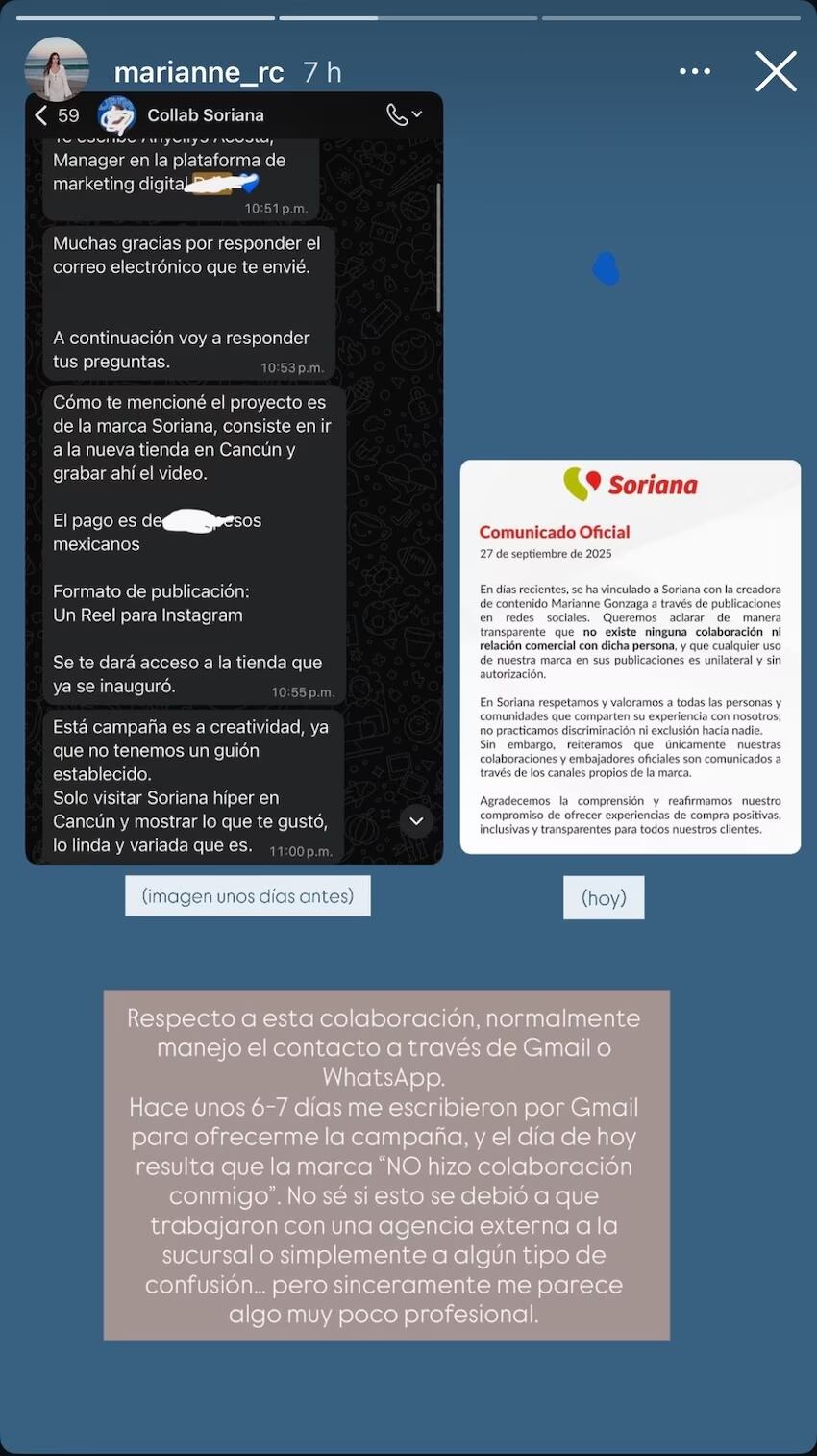 Gonzaga comparte supuestas pruebas de que Soriana sí la contactó. | Captura de pantalla: IG @marianne_rc