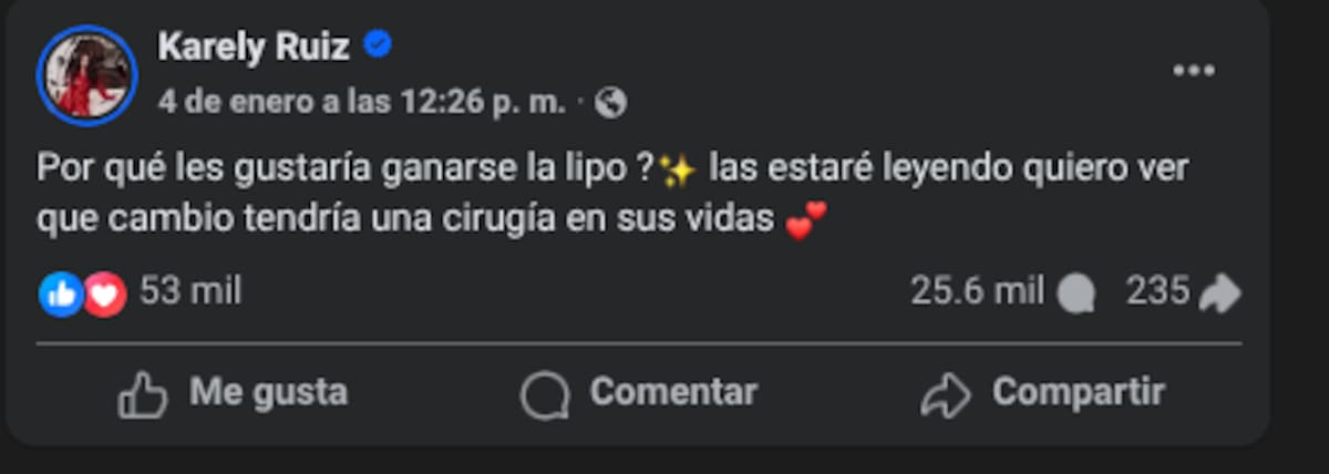Karely Ruiz rifará una lipoescultura para sus seguidoras | Facebook: Karely Ruiz