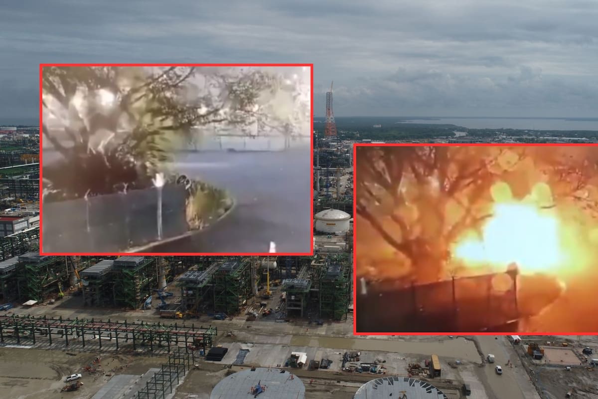 Circula presunto video de seguridad de la Refinería Olmeca: explosión de un auto en zona inundada habría iniciado el fuego en Dos Bocas