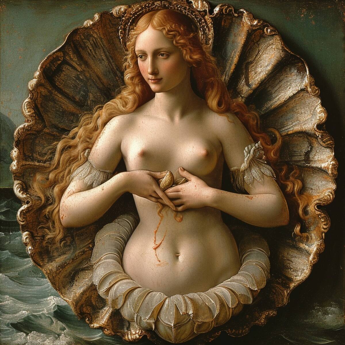 En esta reinterpretación, Venus emerge de la concha con variantes, desde su desnudez hasta toques modernos de ropa, y un distintivo cabello rizado en tonos rubios naranja.