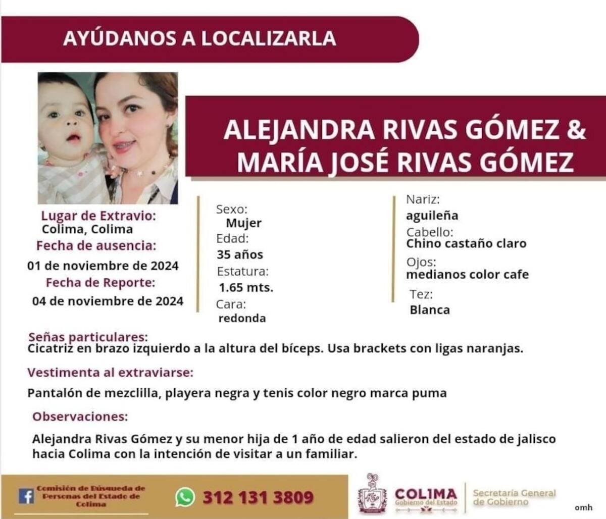 Ficha de desaparición Alejandra Rivas y su hija de 1 año.