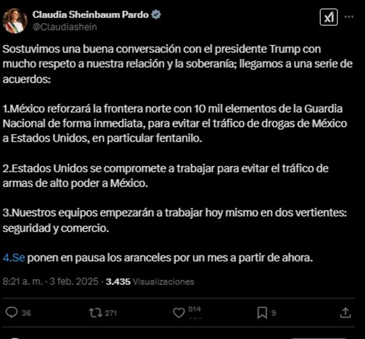 Claudia Sheinbaum anuncia acuerdos con EU (Captura de pantalla)
