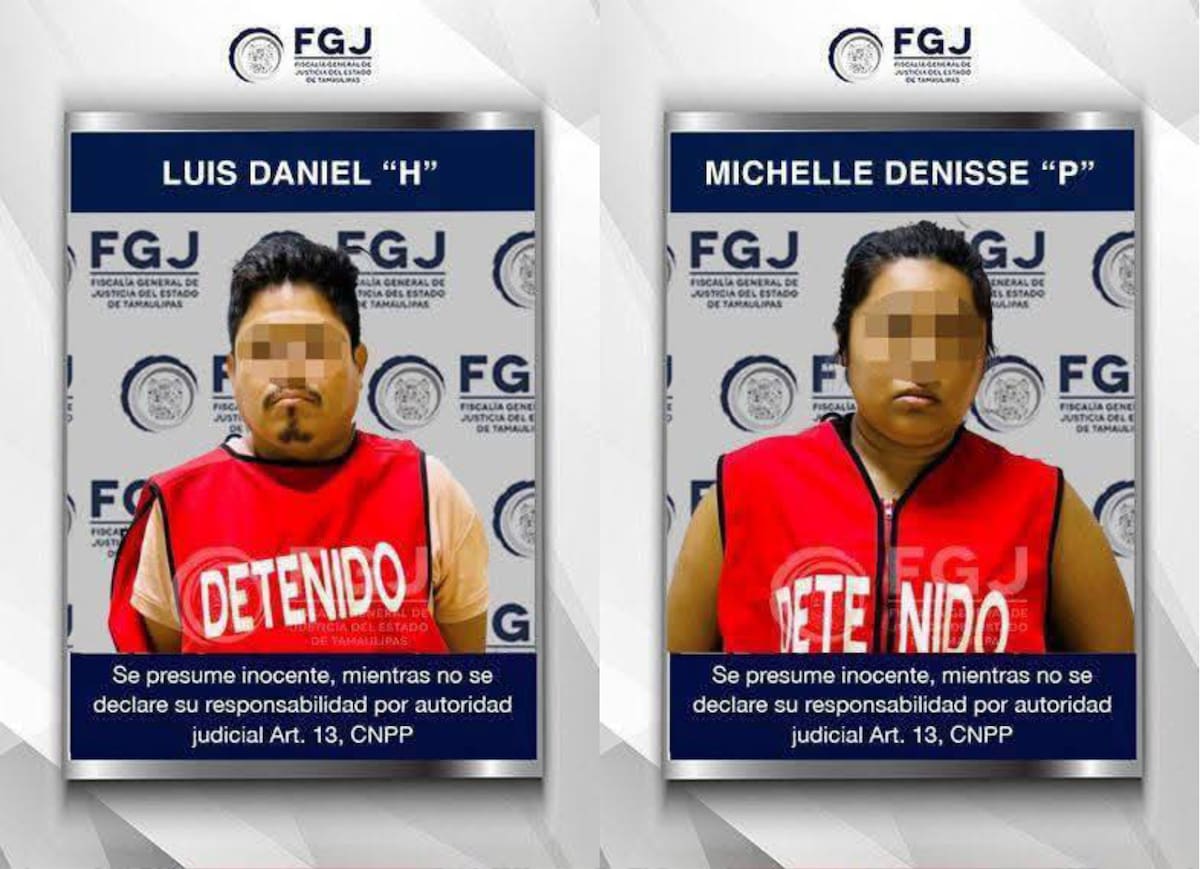Detienen a Luis Daniel “N” y Michelle Denisse “P”, por los delitos de filicidio, violencia familiar, violación equiparada y violación en agravio de su hija, Aitana. FOTO: FGJE de Tamaulipas