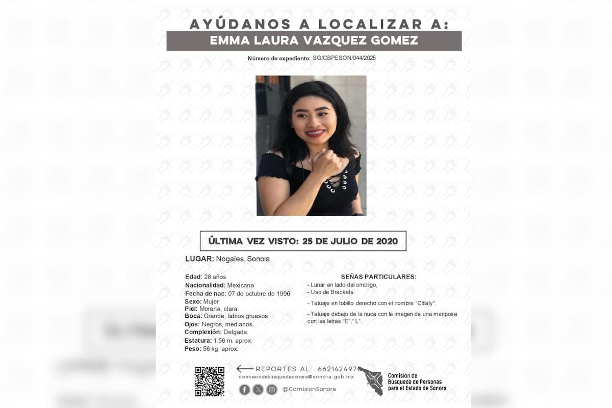 Piden ayuda para localizar a Emma Laura Vázquez Gómez desaparecida en Nogales, Sonora