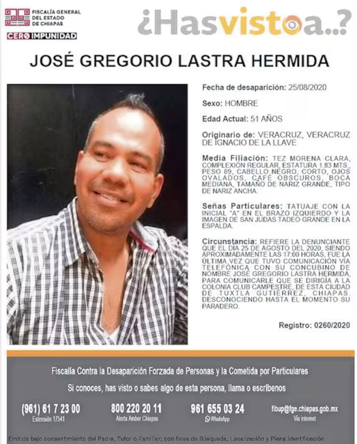 Lastra Hermida había sido reportado como desaparecido desde el 25 de agosto de 2020 en Tuxtla Gutiérrez, Chiapas. FOTO: FGE de Chiapas