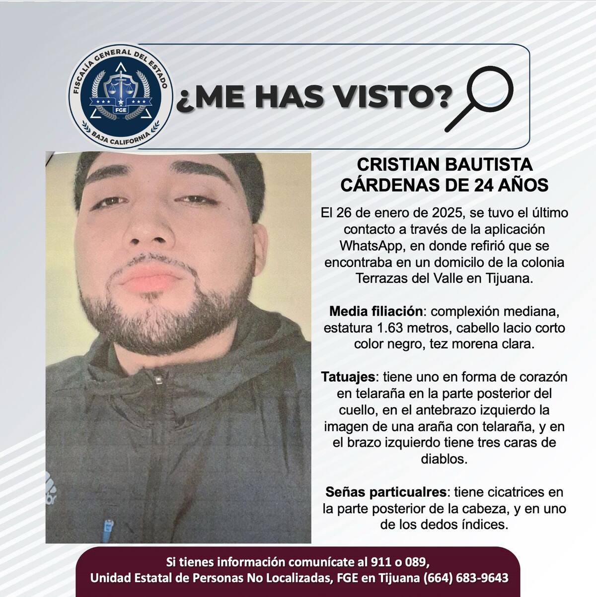Cristian Bautista Cárdenas fue visto por última vez el 26 de enero de 2025.