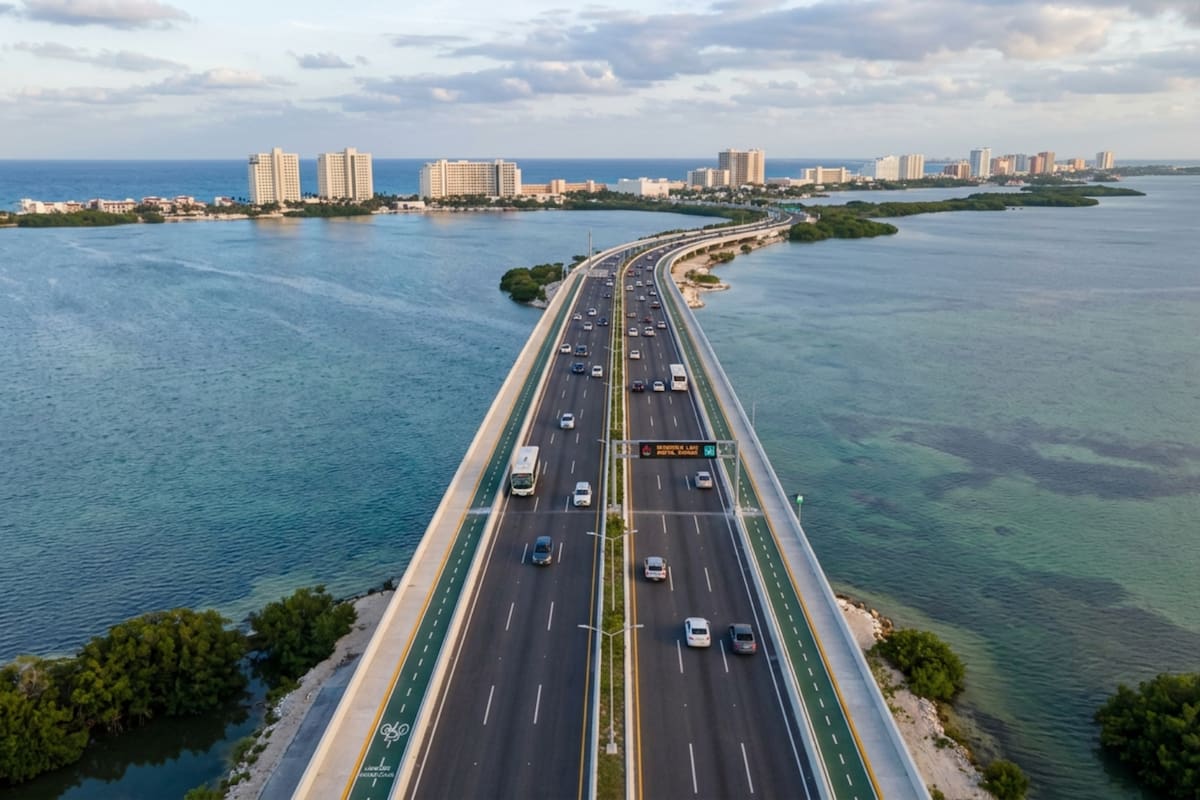 La Secretaría de Infraestructura, Comunicaciones y Transportes informó que el Puente Vehicular Nichupté avanzó 92% y conectará Cancún con la zona hotelera mediante 11.2 km de vía sobre la laguna, beneficiando a 1.3 millones de habitantes y más de 20 millones de turistas