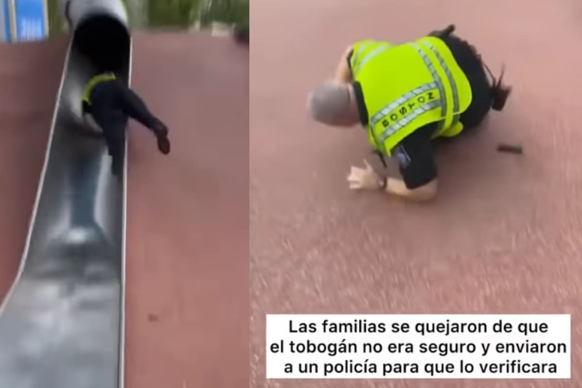 Familias denuncian tobogán inseguro; policía lo prueba y termina de boca contra el piso
