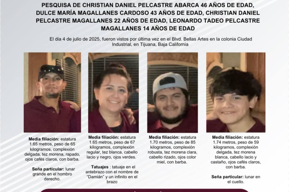 Se busca a Christian Daniel Pelcastre de 46 años de edad, Dulce María Magallanes Cardoso de 43 años de edad, y sus hijos Christian Daniel y Leonardo Tadeo