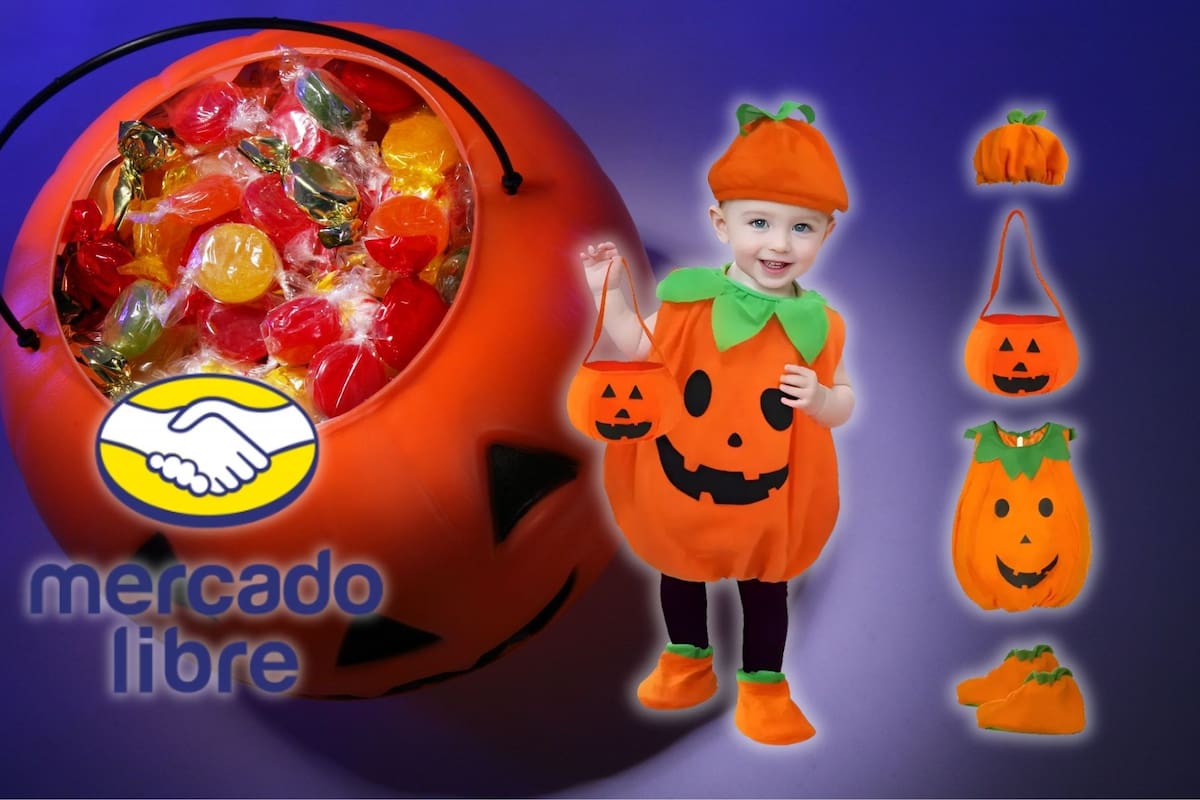 El disfraz de calabaza de cuatro piezas para niño que vende Mercado Libre por 174 pesos con descuento de más del 50 por ciento