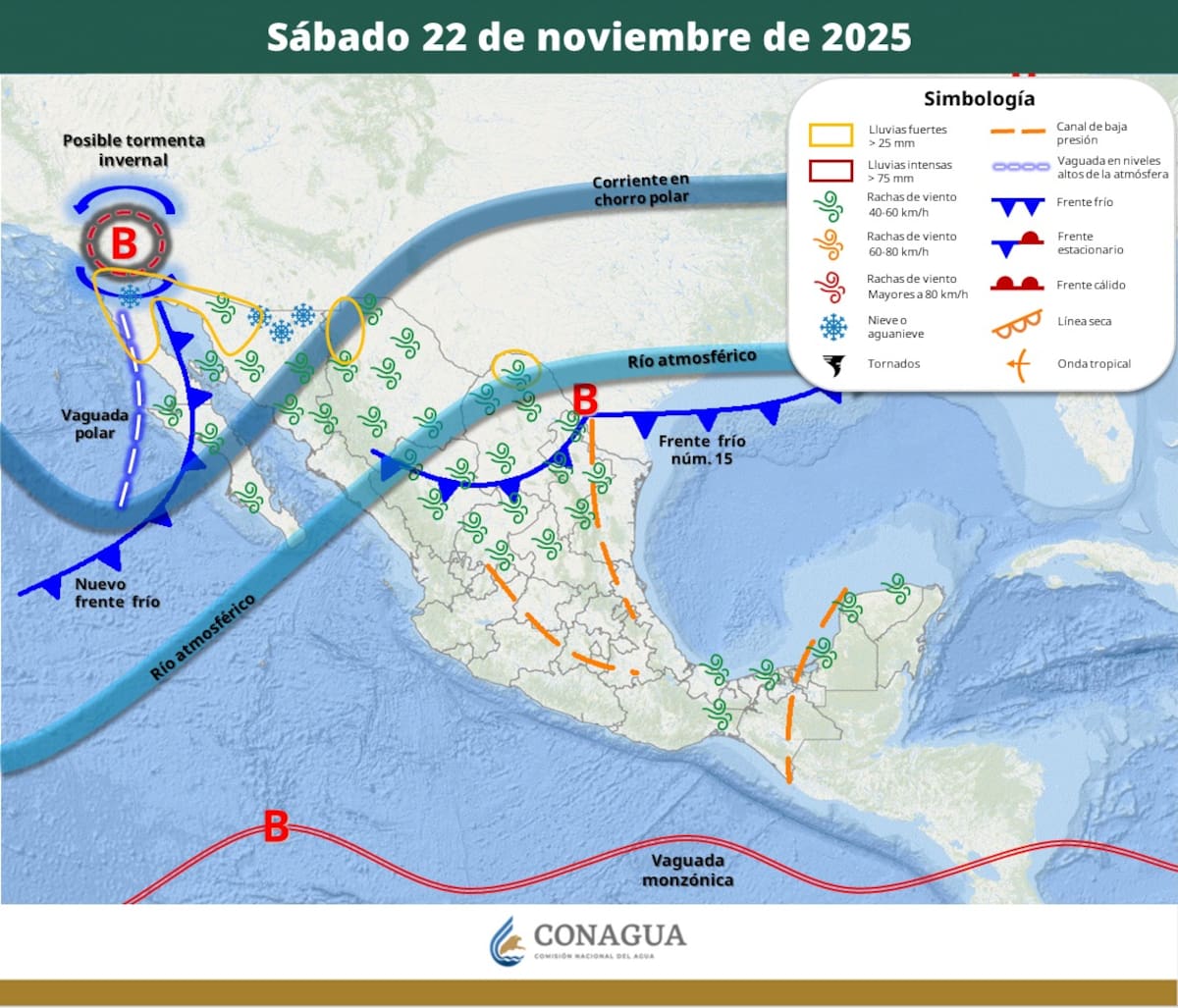 Pronóstico del clima para el sábado 22 de noviembre del 2025. | Crédito: SMN