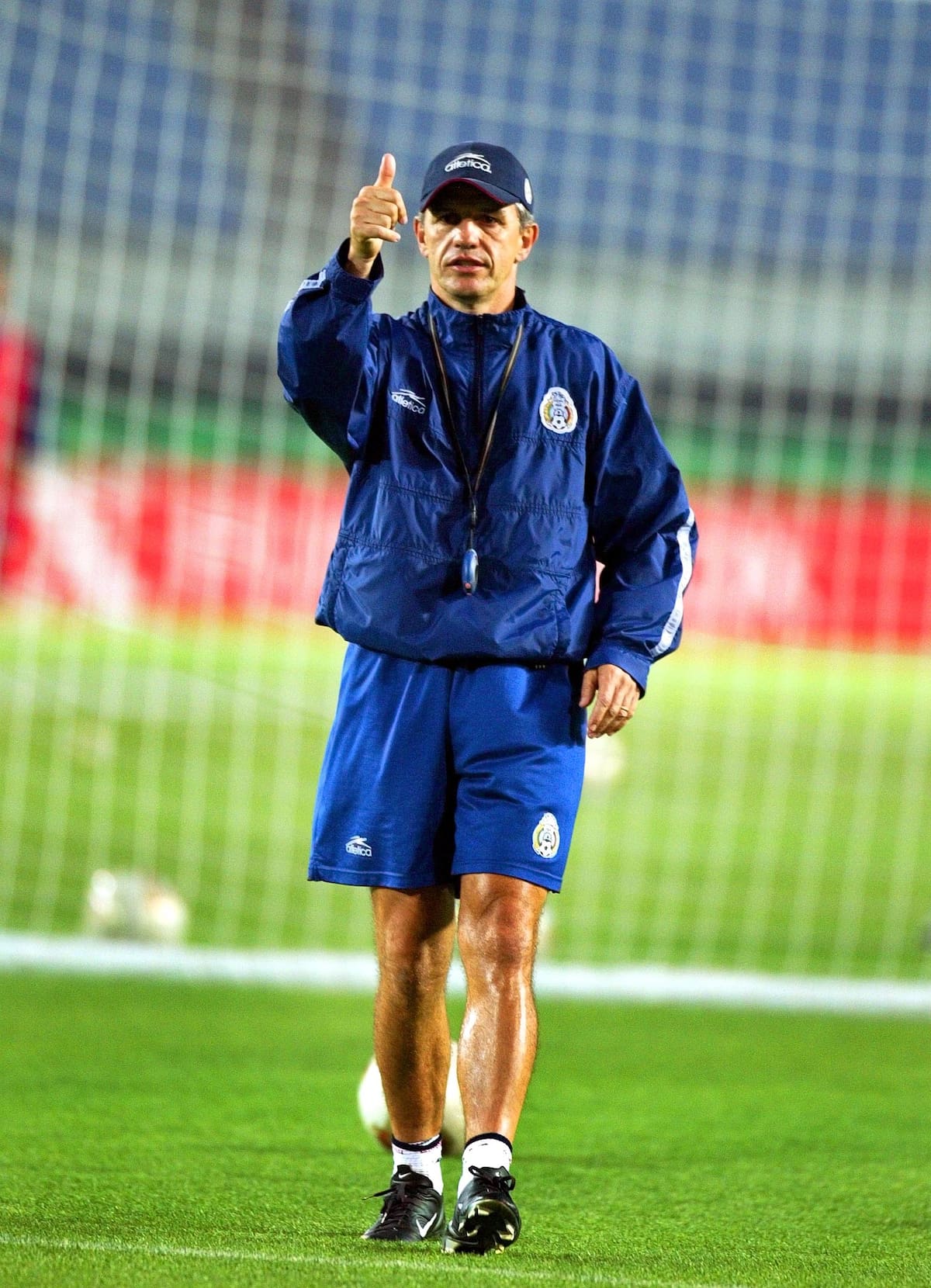 Mexico soccer team head coach Javier Aguirre gives thumbs up during the team's training session at the Miyagi Comprehensive Athletic Park Stadium in Rifu, Saturday, June 8, 2002. Mexico plays against Ecuador in the Group G on June 9. (AP Photo/Murad Sezar)