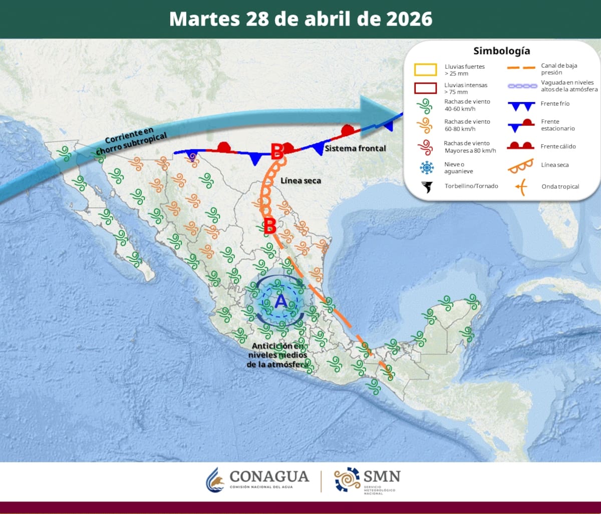 Pronóstico del clima para el martes 28 de abril del 2026. | Crédito: SMN