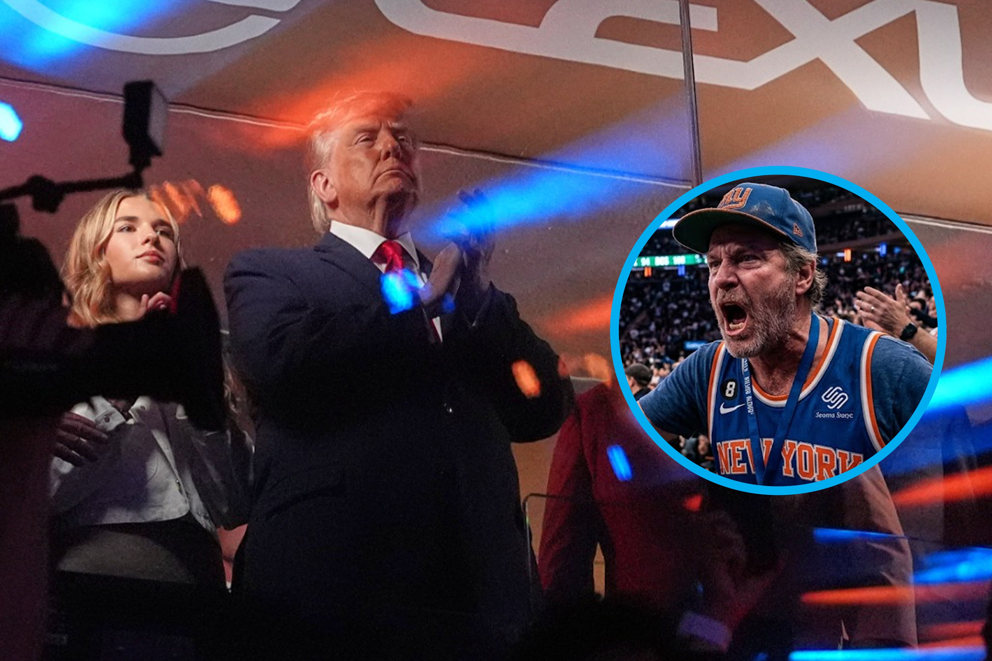 El Presidente Donald Trump asistió al tercer juego de las Finales de la NBA entre los Knicks de Nueva York y los Spurs de San Antopnio en el Madison Square Garden, el lunes 8 de junio de 2026, en Nueva York. (AP Foto/Mark Schiefelbein)