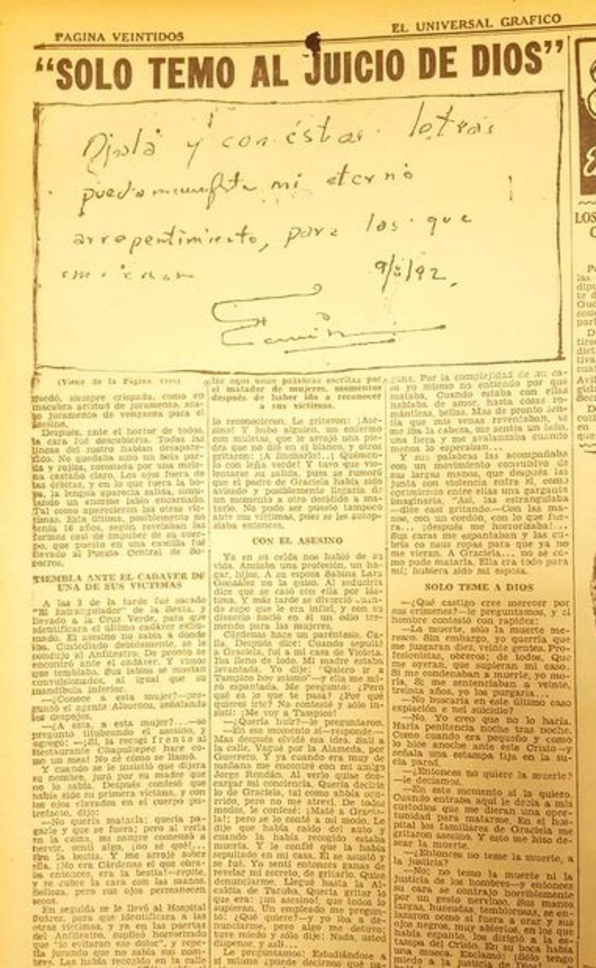 Goyo Cárdenas dijo solo temer al juicio de Dios por sus asesinatos en serie.