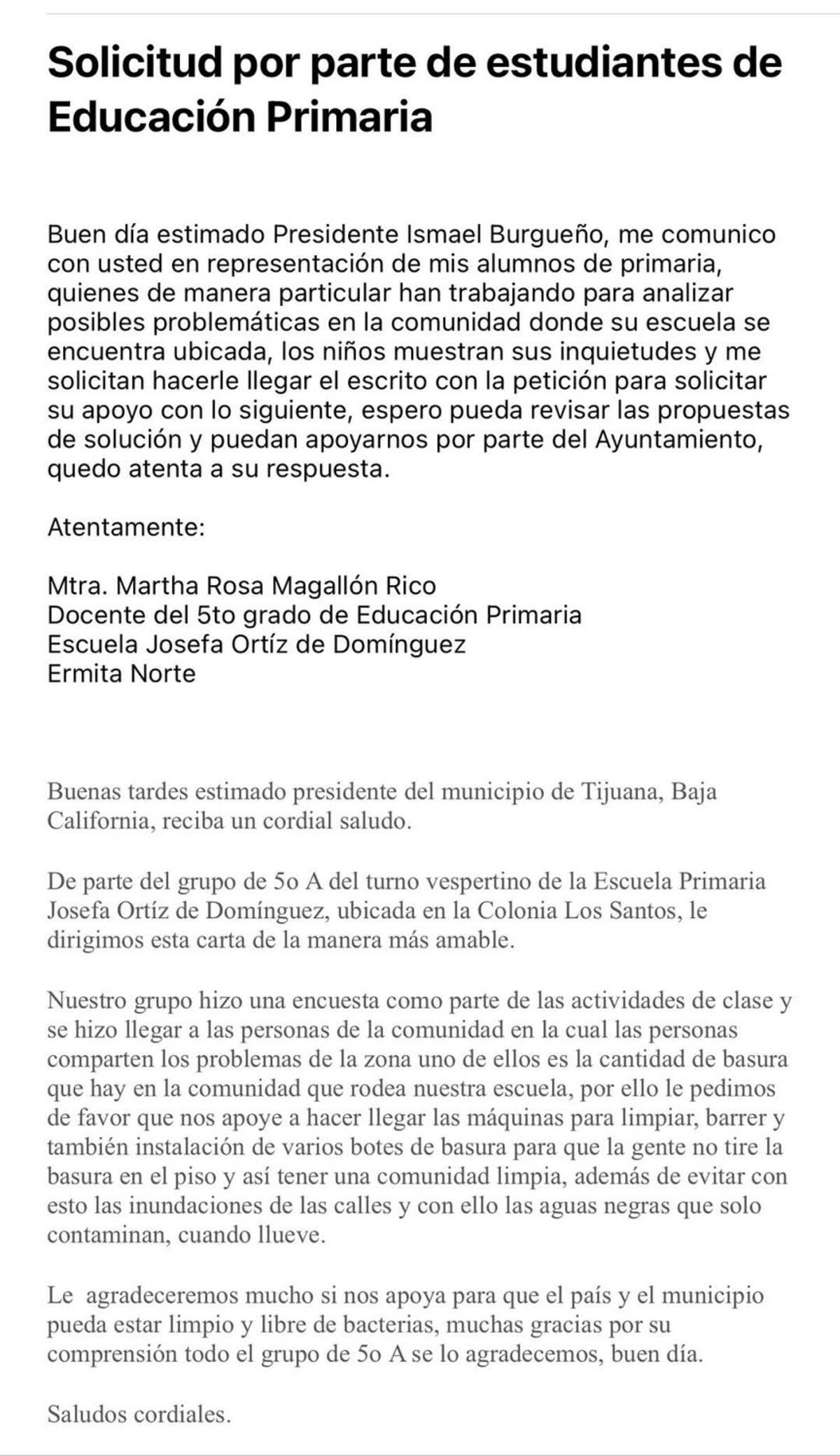 La solicitud de los alumnos al Ayuntamiento de Tijuana.