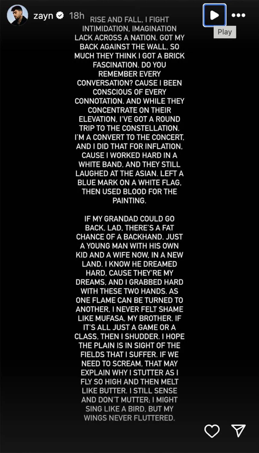 Zayn Malik adelanta la letra de ‘Fuchsia Sea’. | Captura de pantalla: IG @zayn