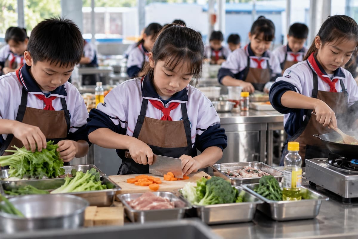 En algunas escuelas de China, los estudiantes participan en clases de cocina y actividades de educación laboral donde aprenden a preparar alimentos con supervisión. | Crédito: Imagen hecha con IA de ChatGPT