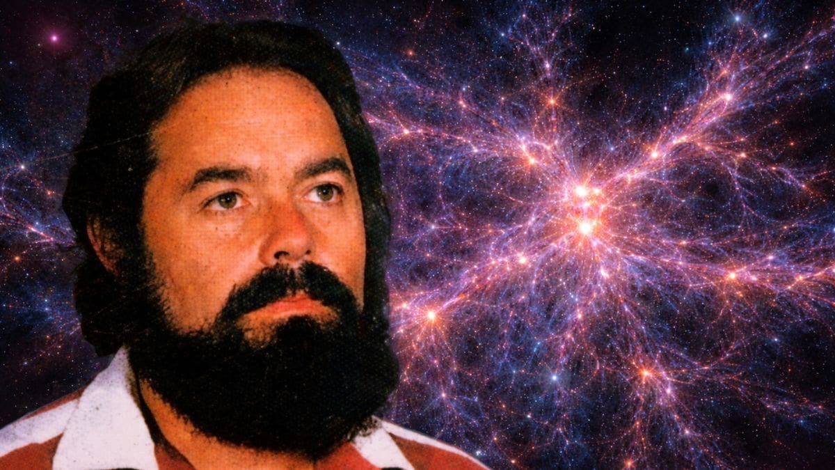 Retrato ilustrativo de Jacobo Grinberg con una representación del universo y la red cósmica como fondo.