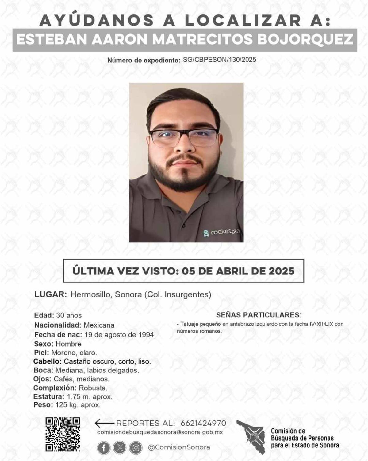 Ficha de búsqueda de Esteba Aarón Matrecitos, conductor reportado como desaparecido el 5 de abril tras haber aceptado viaje de un pasajero. | Especial