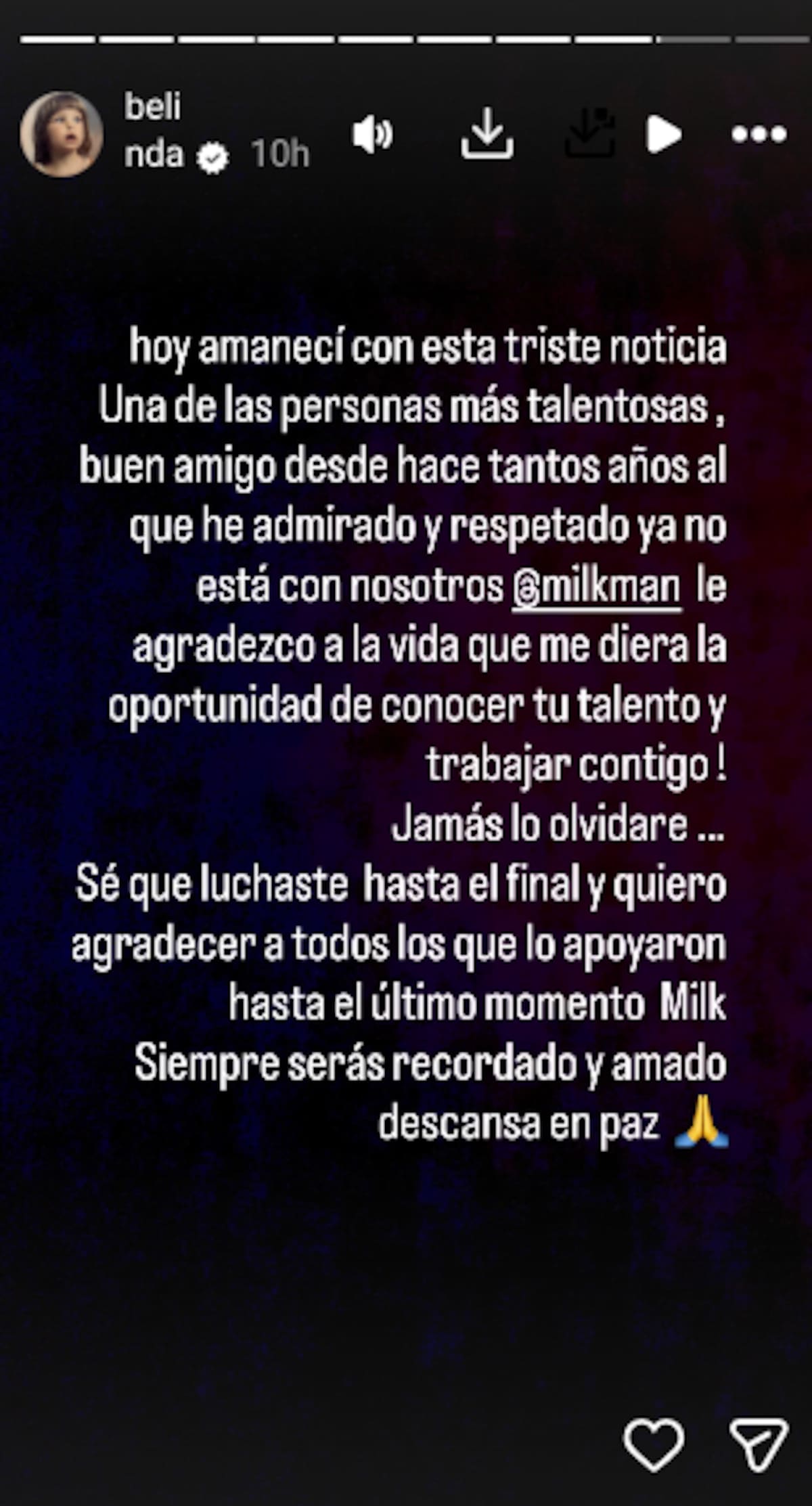 Belinda lamenta la muerte de Milkman | Instagram @belindapop