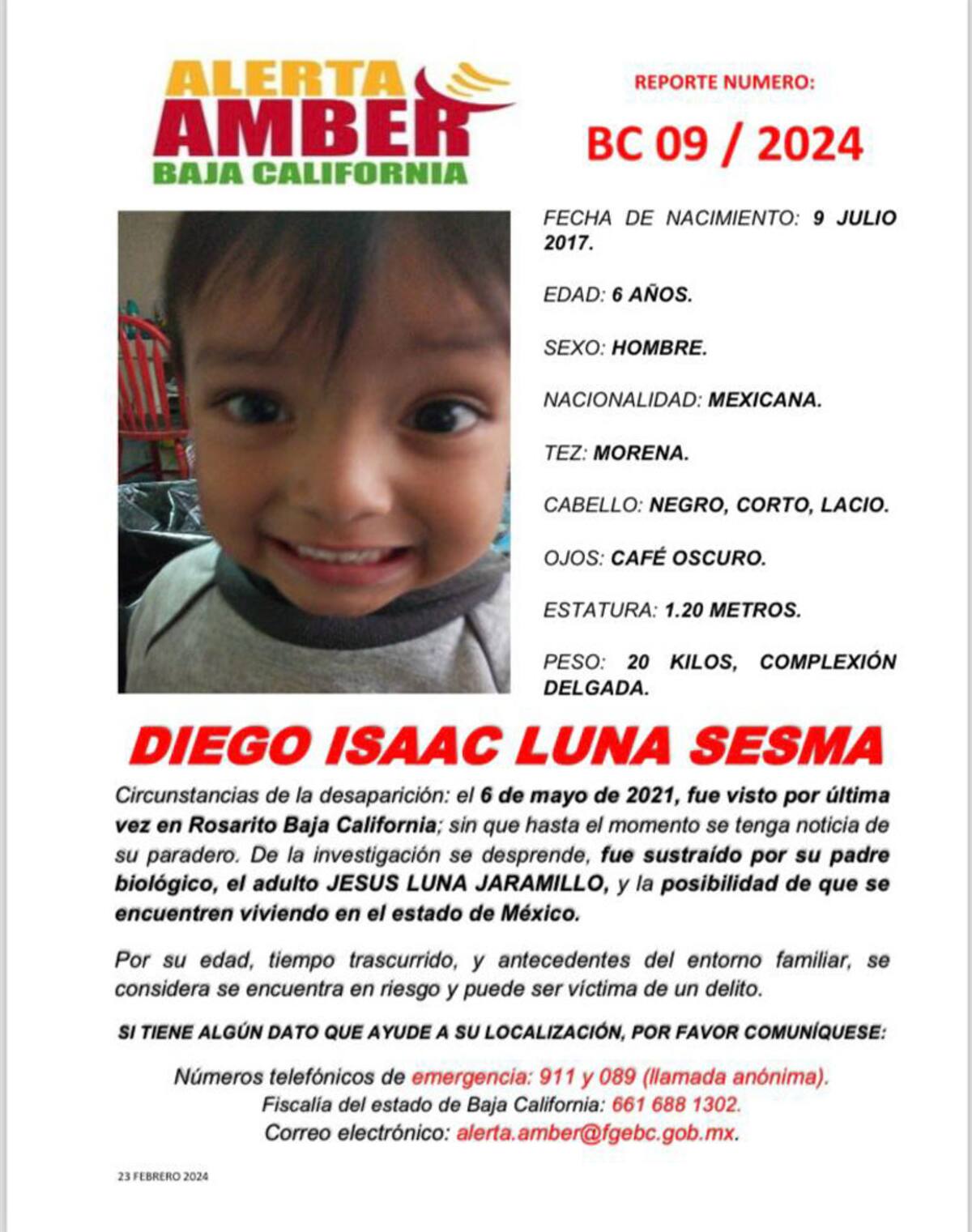 Alerta Amber de Diego Isaac Luna Sesma.