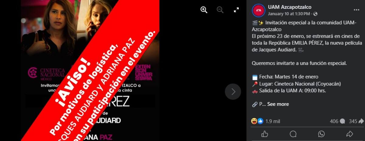 Cancelan proyección especial de "Emilia Pérez" / Facebook: UAM Azcapotzalco