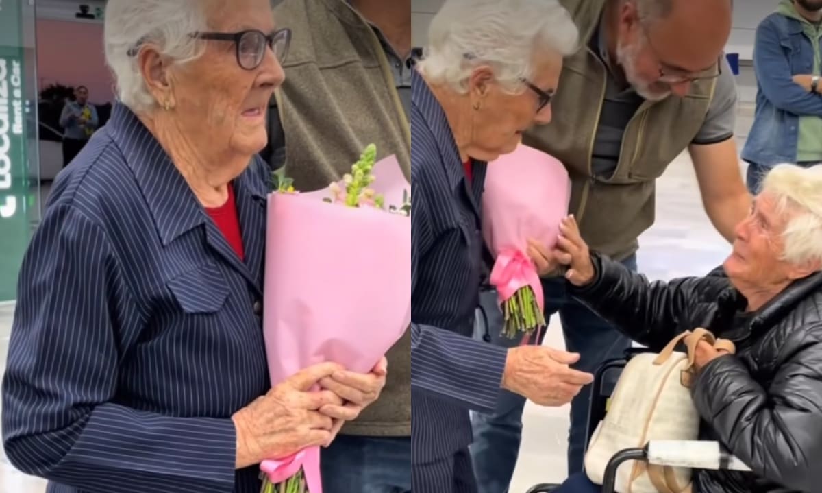 Adulta mayor causa ternura al recibir a su hermana gemela con un ramo de rosas tras reencontrarse