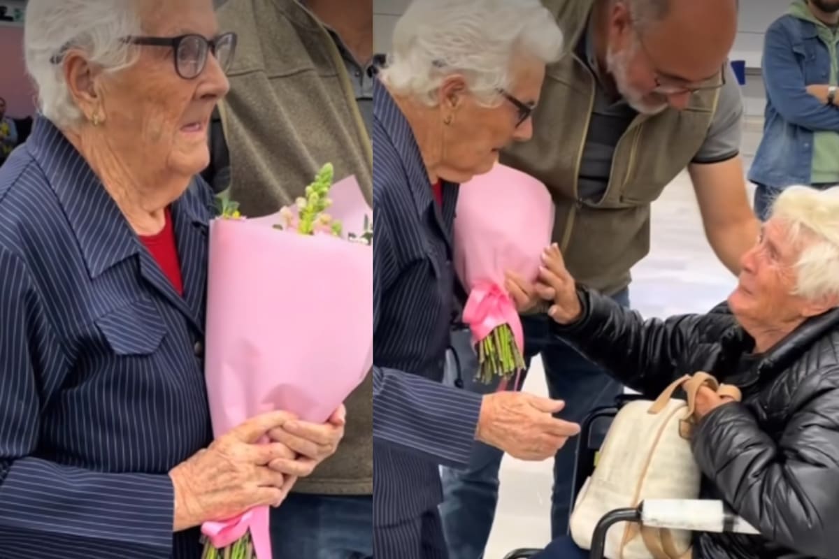Adulta mayor causa ternura al recibir a su hermana gemela con un ramo de rosas tras reencontrarse