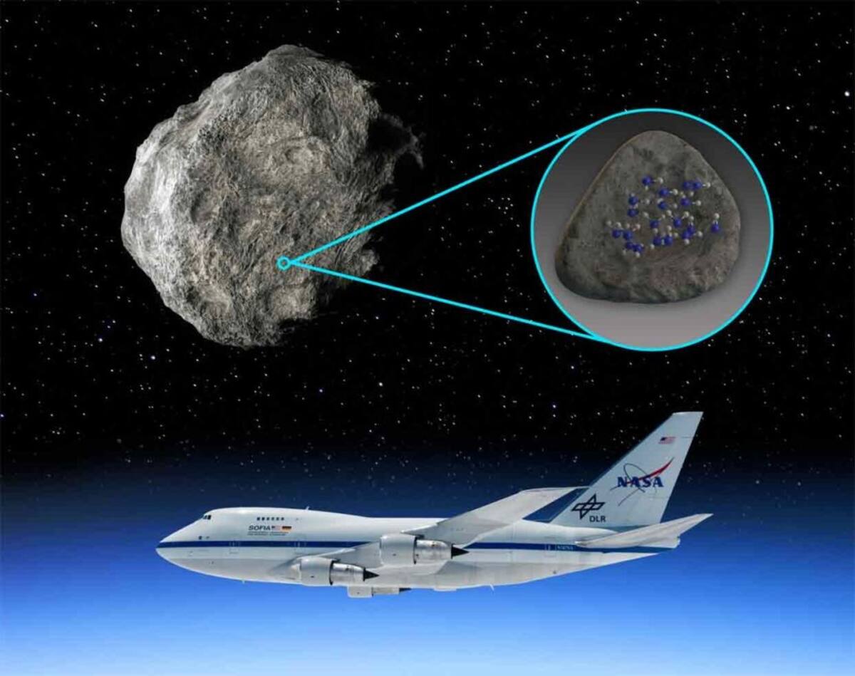 Los datos recopilados por el instrumento Cámara Infrarroja de Objetos Débiles (FORCAST) en el ahora retirado Observatorio Estratosférico de Astronomía Infrarroja (SOFIA) mostraron signos de agua en la superficie de dos asteroides ricos en silicatos, llamados Iris y Massalia. (Crédito de la imagen: Cortesía de NASA/Carla Thomas/SwRI)