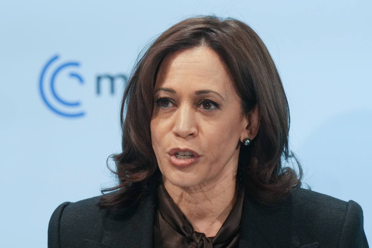 La vicepresidenta de Estados Unidos, Kamala Harris, habla durante la Conferencia de Seguridad de Múnich, el sábado 19 de febrero de 2022 en Múnich, Alemania. (AP Foto/Michael Probst)