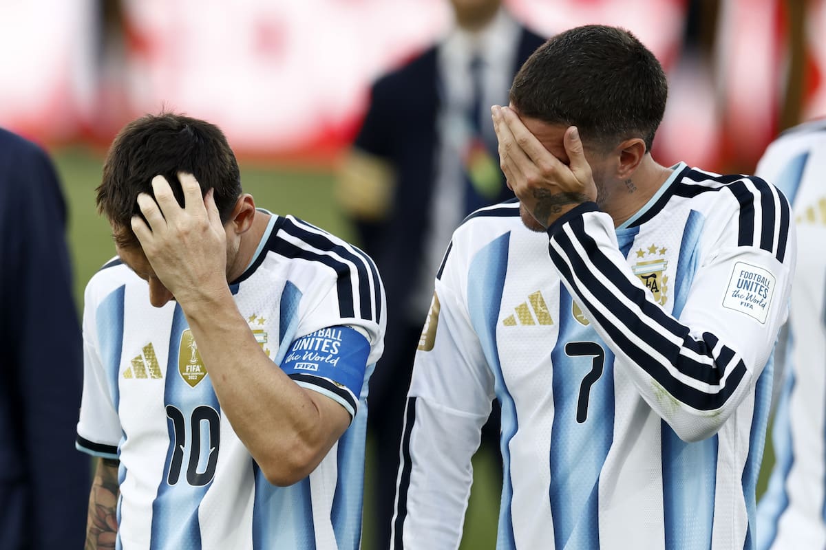 Lionel Messi (L) and Rodrigo De Paul of Argentina show disappointment during the awards ceremony after the FIFA World Cup 2026 final match Spain against Argentina, in East Rutherford, New Jersey, USA, 19 July 2026. (España) EFE/EPA/WILL OLIVER